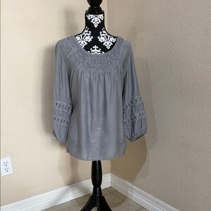 Krazy Kat Gray Blouse with Embroidered Neckline
